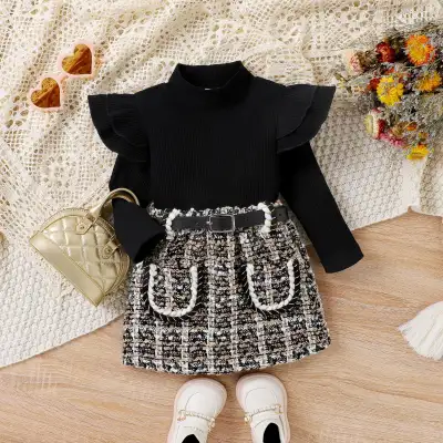 High Neck Ribbing Top Woolen Plaid Skirt Belt Girls Suit