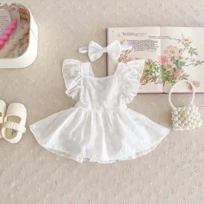 Baby Girl Flounced Sleeve Lace Jumpsuit Princess Dress