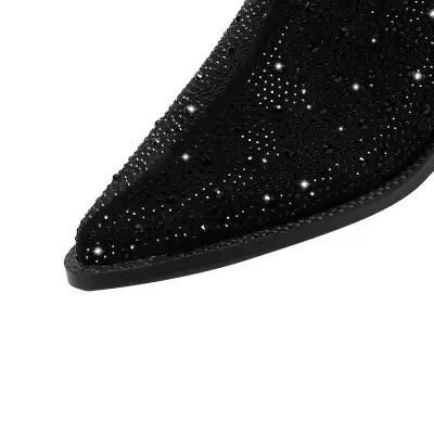 Women's Fashion All-match Rhinestone Full Diamond Pointed Toe Toe Cap Flat Heel Square Heel Sandals Slippers