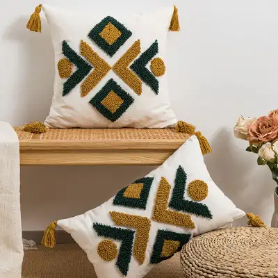 Moroccan Geometric Loop Velvet Tassel Living Room Sofa Cushion Cover