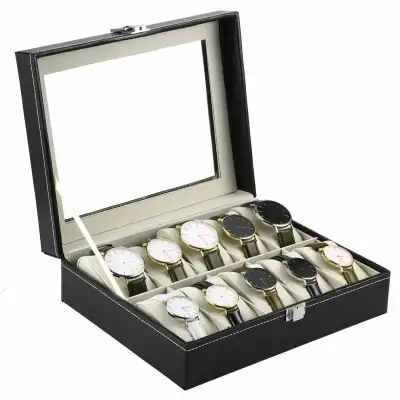 Watch Display Grid Box Lockable Case Faux Leather Jewellry Storage Organiser