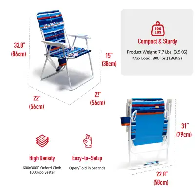 Tall Folding Beach Chair Lightweight, Portable High Sand Chair For Adults Heavy Duty 300 LBS With Cup Holders, Foldable Camping Lawn Chairs For Camping, Outdooring, Traveling, Picnic Concert,Sports