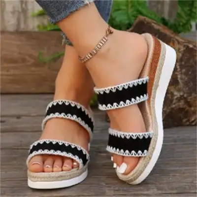 New Hemp Rope Woven Wedge Slippers Summer Ethnic Style Sandals Double Wide Strap Shoes For Women