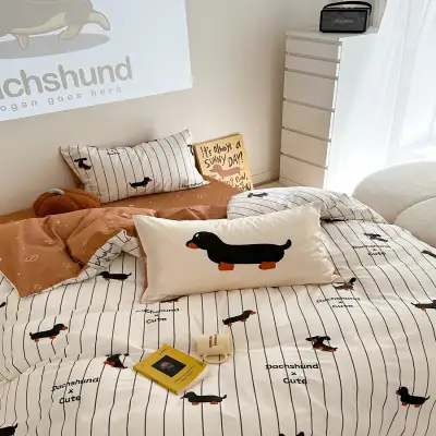 Cartoon Puppy Striped Four-piece Cotton Bedding Set