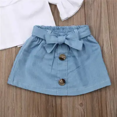 Children's Clothing Spring And Autumn Infant Toddler Fresh White Jersey Denim Skirt Suit