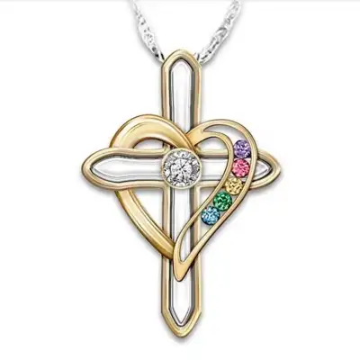 Cross Love Colorful Imitatio Gemstone Pendant Alloy Clavicle Chain