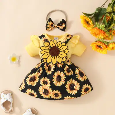 Baby Girl Sunflower Suspender Skirt Short Sleeve Top Suit Solid Color