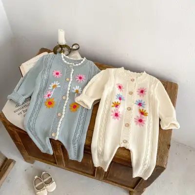 Baby Girls' Handmade Embroidery Knitted Jumpsuit