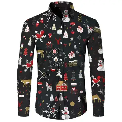 Funny Christmas Theme Digital 3D Printing Men's Button Lining Casual Long Sleeve