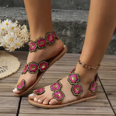 Ethnic Style Flowers Flat Sandals Summer Vacation Casual Clip Toe Beach Shoes For Women