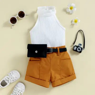 Halter Sunken Stripe Sleeveless Top Curling Shorts Suit