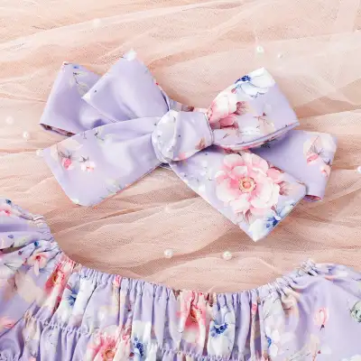 Puff Sleeve Smocking Flower Print Skirt Baby Bodysuit Romper Infant Toddler Romper