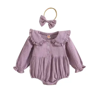 Baby Girl Jumpsuit Ruffled Collar Solid Color Long Sleeve Romper