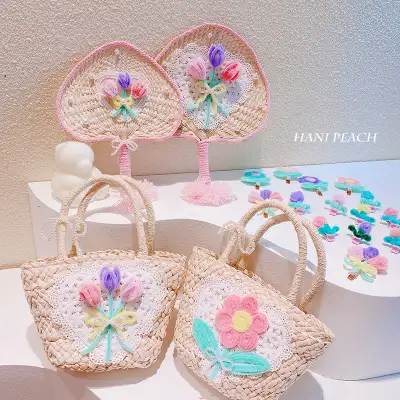 Sweet Flowers Lace Love Woven Handbag Pearl Handheld Fan