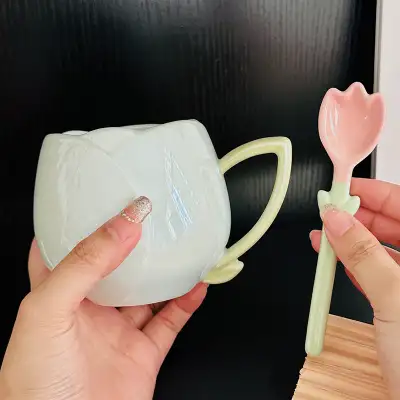 Female Gaomei Tulip Ceramic Mug Without Spoon Girly Heart Water Cup