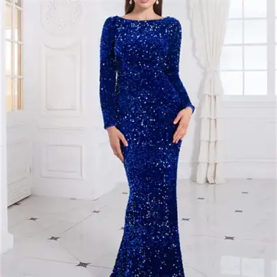 Women Modest Stretch Sequin Royal Blue Evening Prom Gown Party