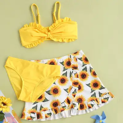 Girls' Sunflower Printed Swimsuit Three-piece Suit