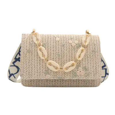 Women's Fashion Straw Small Square Bag Acrylic Chain