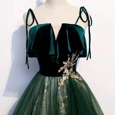 Banquet Sling Temperament Long Dress Dark Green Fantasy Mori