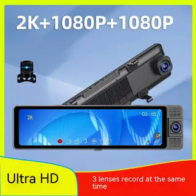 New 12-inch Three-lens Car Video 2K HD Rearview Mirror Driving Recorder Voice-controlled Reversing Image Taxi