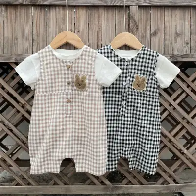 Summer New Thin Type Sleeveless Leotard Baby Boy Plaid Chest Bear Vest Bodysuit Romper