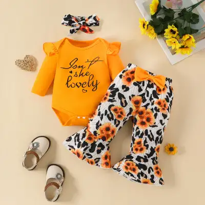 Embroidered Long-sleeved Triangle Romper Bow Leopard Print Bell-bottom Pants European And American