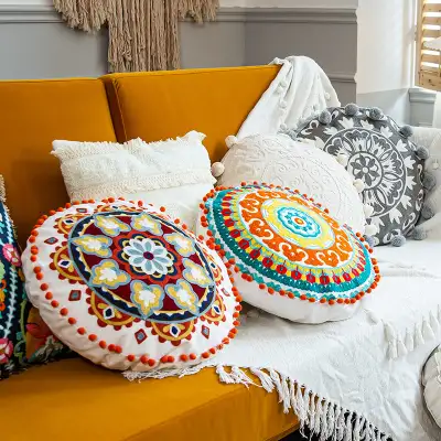 Moroccan Ethnic Style Hand-embroidered Round Pillow Cover