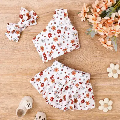 Baby Girl's Printed Floral Shoulder Culottes Three-piece Set