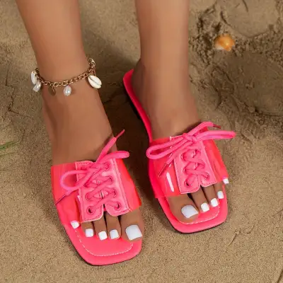 Fashion Transparent Lace-up Sandals Summer Dopamine-style Square Toe Flat Slides Shoes Women Casual Vacation Beach Slippers