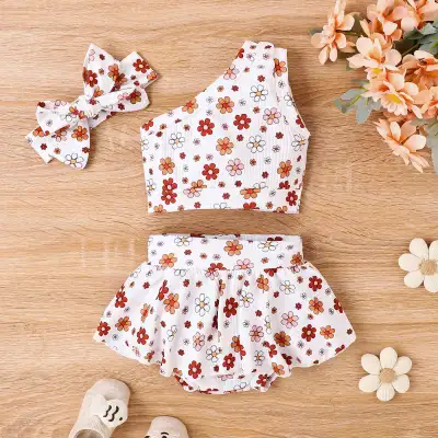 Baby Girl's Printed Floral Shoulder Culottes Three-piece Set