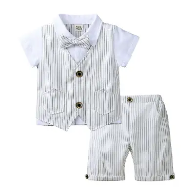 Children's Gentleman British Summer Suit Boys' Fake Two-piece Vest Knitted Shirt Bow Tie