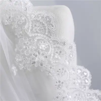 Short Veil Soft Mesh Sequined Lace White Ivory