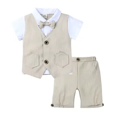 Children's Gentleman British Summer Suit Boys' Fake Two-piece Vest Knitted Shirt Bow Tie