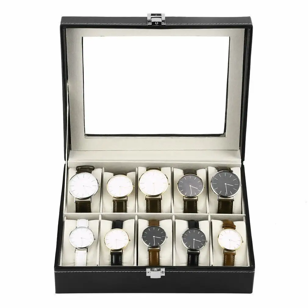 Watch Display Grid Box Lockable Case Faux Leather Jewellry Storage Organiser