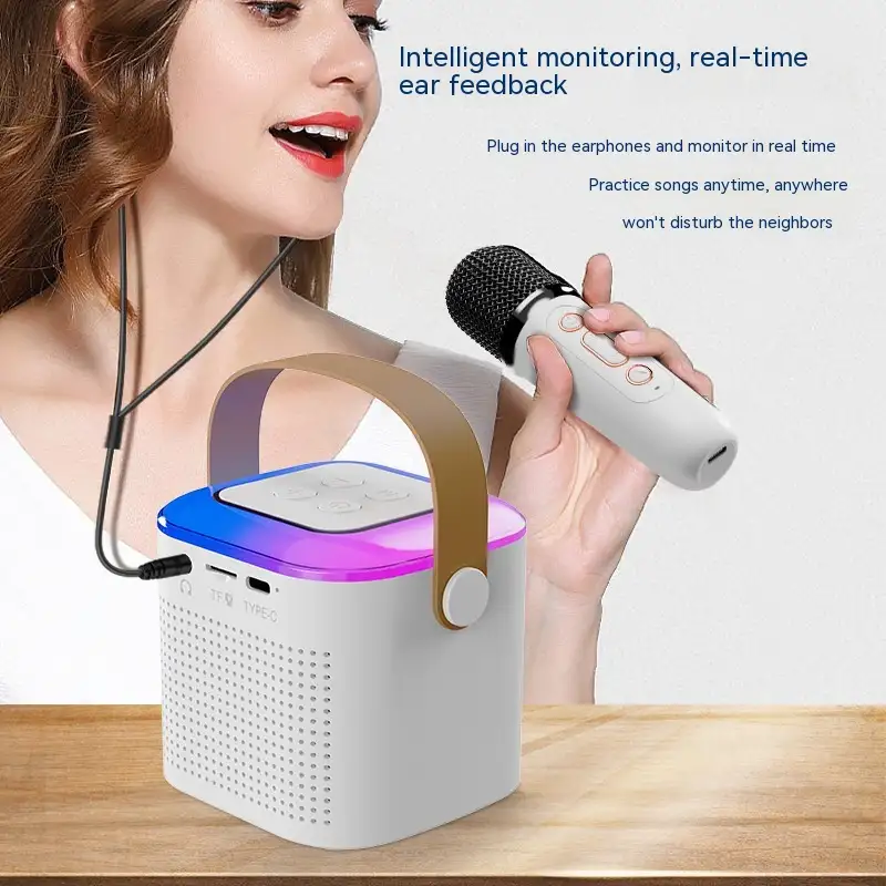 Microphone Karaoke Machine Bluetooth Speaker With 2 Wireless Mic RGB Light Home Family Singing Speaker