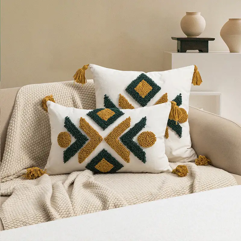 Moroccan Geometric Loop Velvet Tassel Living Room Sofa Cushion Cover