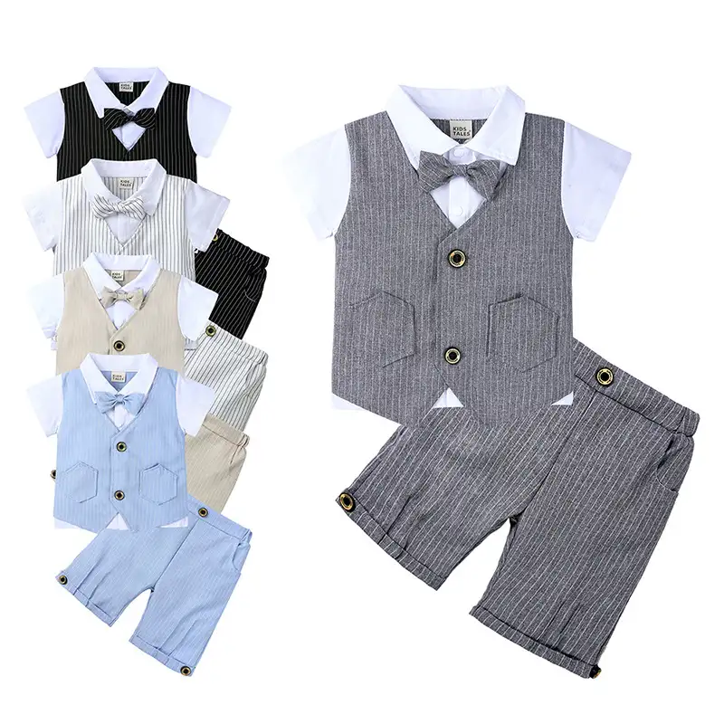 Children's Gentleman British Summer Suit Boys' Fake Two-piece Vest Knitted Shirt Bow Tie