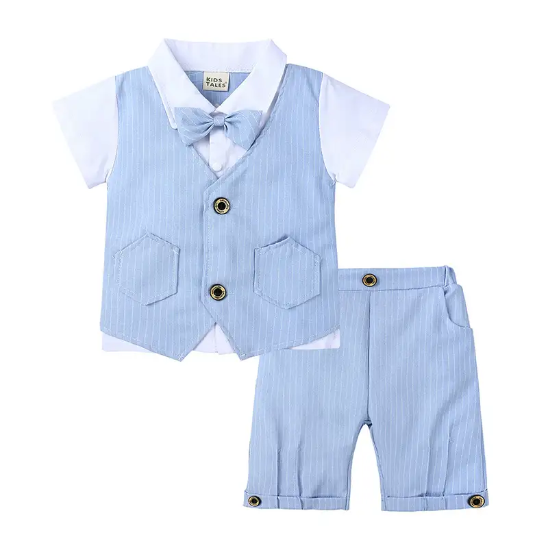 Children's Gentleman British Summer Suit Boys' Fake Two-piece Vest Knitted Shirt Bow Tie