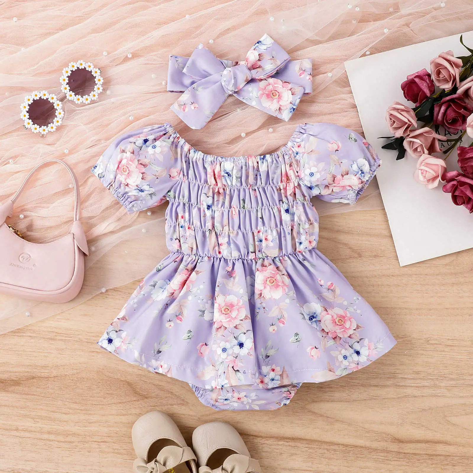 Puff Sleeve Smocking Flower Print Skirt Baby Bodysuit Romper Infant Toddler Romper