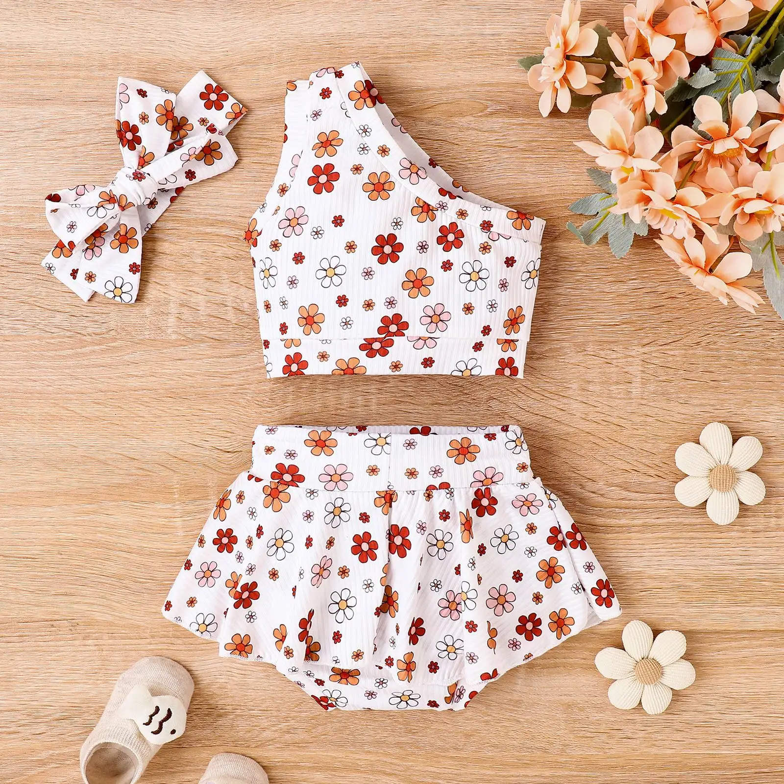 Baby Girl's Printed Floral Shoulder Culottes Three-piece Set