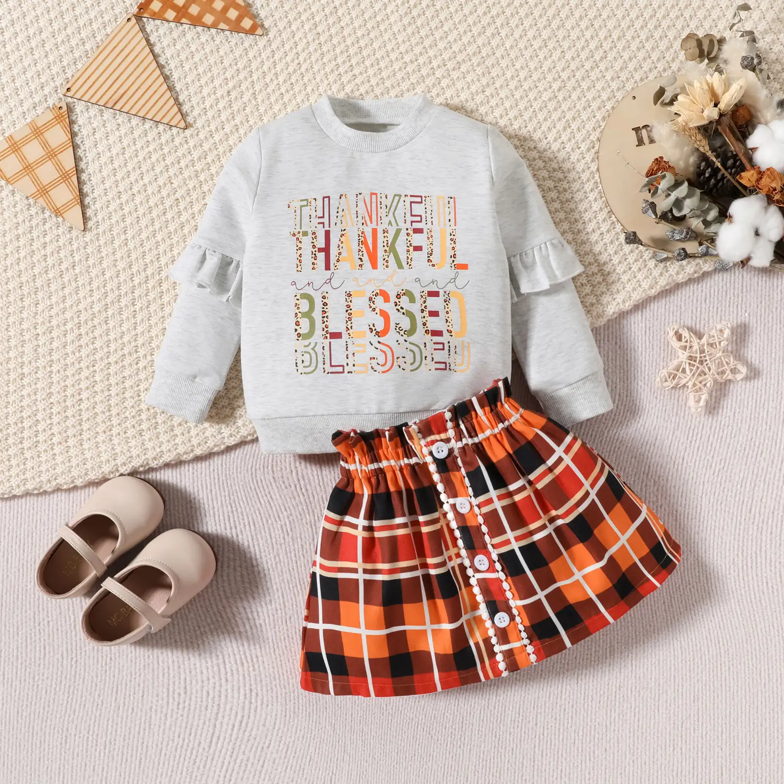 Children's Clothing Thanksgiving Letter Plaid Printed Sweater Dress Two-piece Set