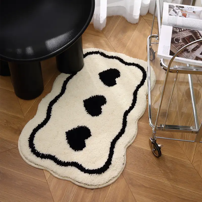 Ins Style Black And White Bathroom Absorbent Floor Mat Household Thickened Fluff Non-slip Foot Mat Flocking Carpet