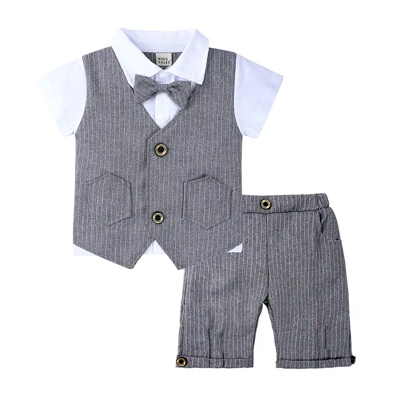 Children's Gentleman British Summer Suit Boys' Fake Two-piece Vest Knitted Shirt Bow Tie