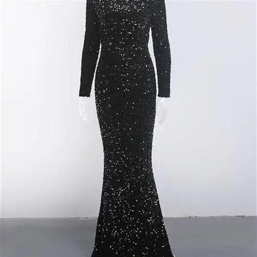 Women Modest Stretch Sequin Royal Blue Evening Prom Gown Party