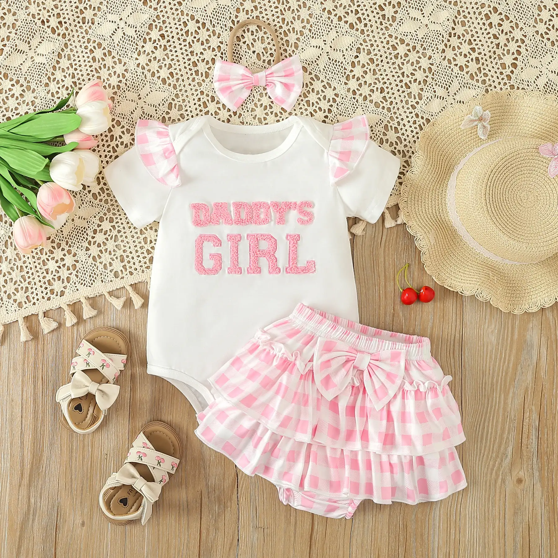 Girls Summer Letter T-shirt Plaid Short Skirt Three Piece Set