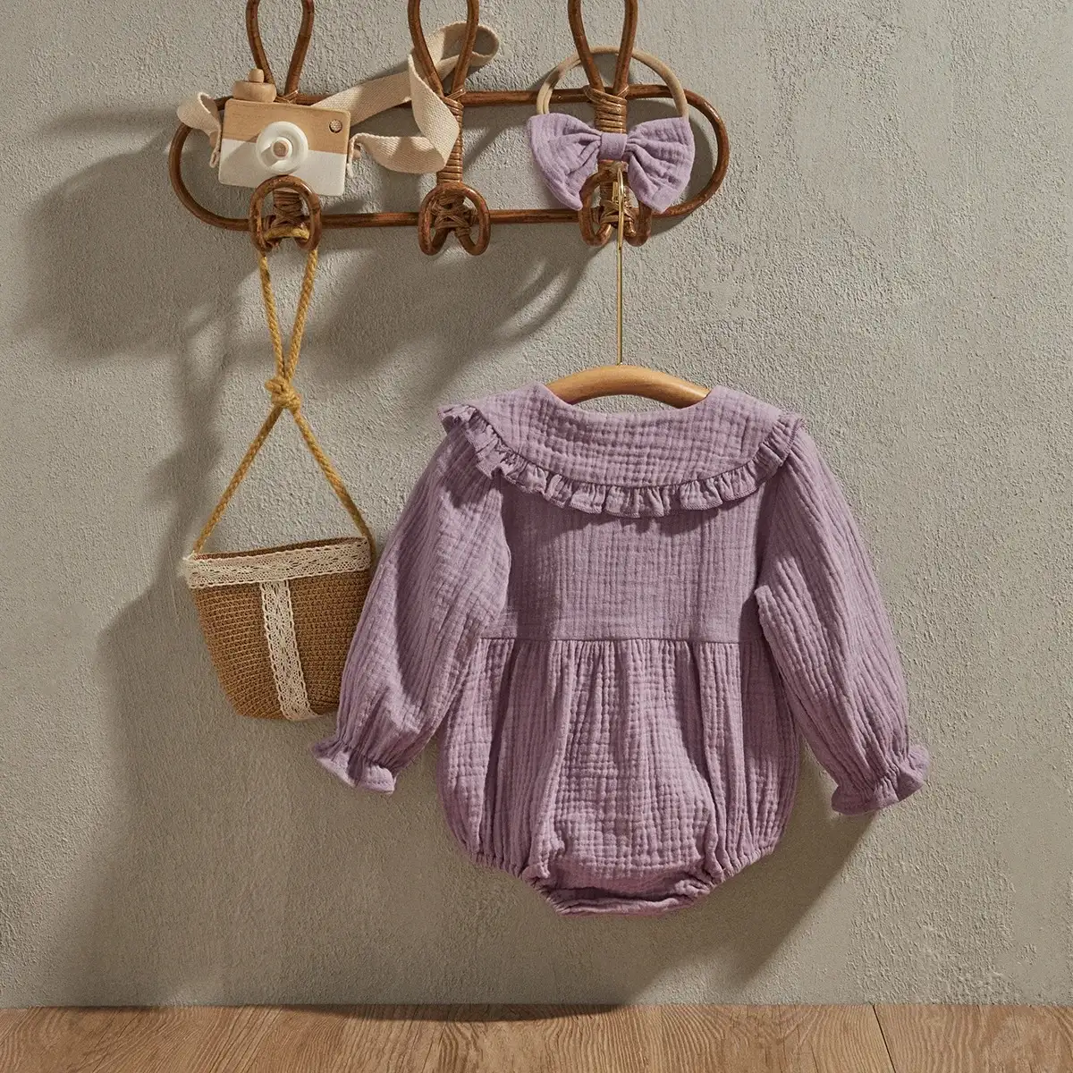 Baby Girl Jumpsuit Ruffled Collar Solid Color Long Sleeve Romper