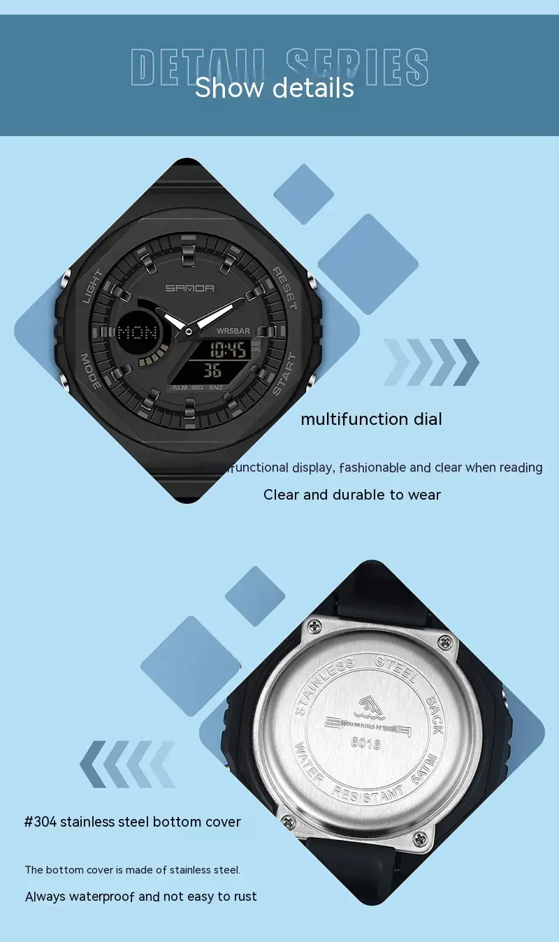 Multifunctional Sports Waterproof Double Display Electronic Watch