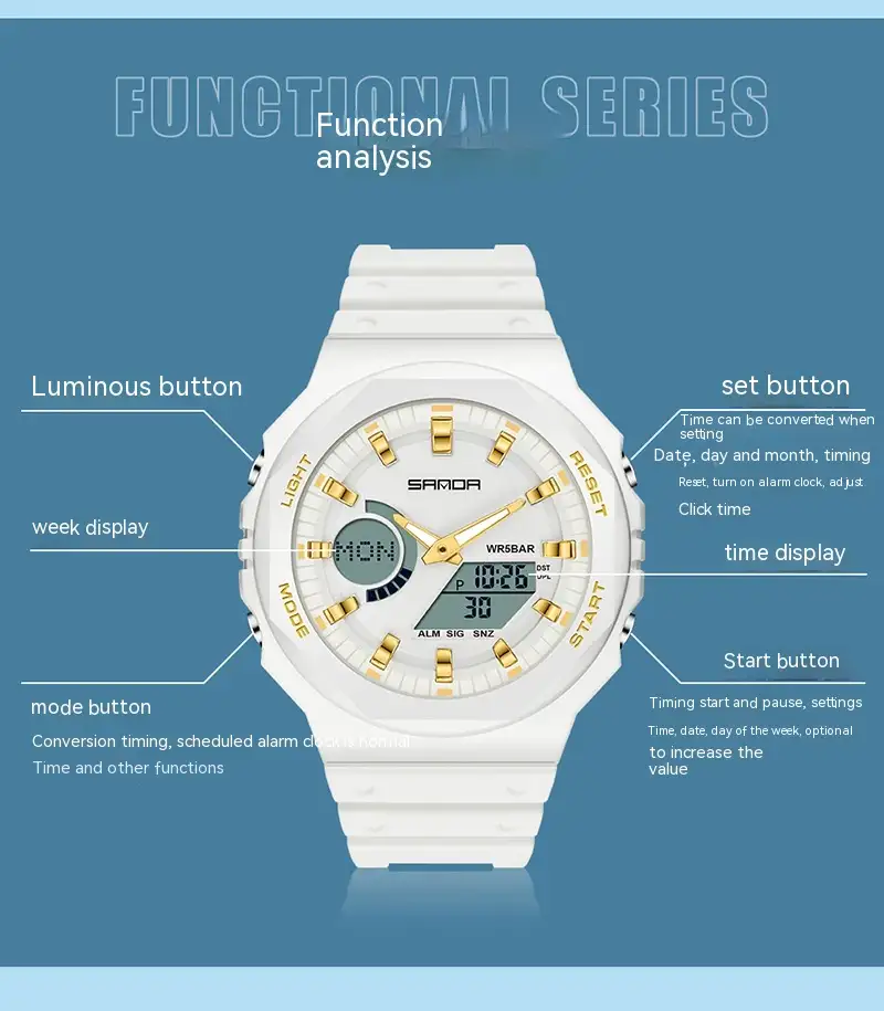 Multifunctional Sports Waterproof Double Display Electronic Watch