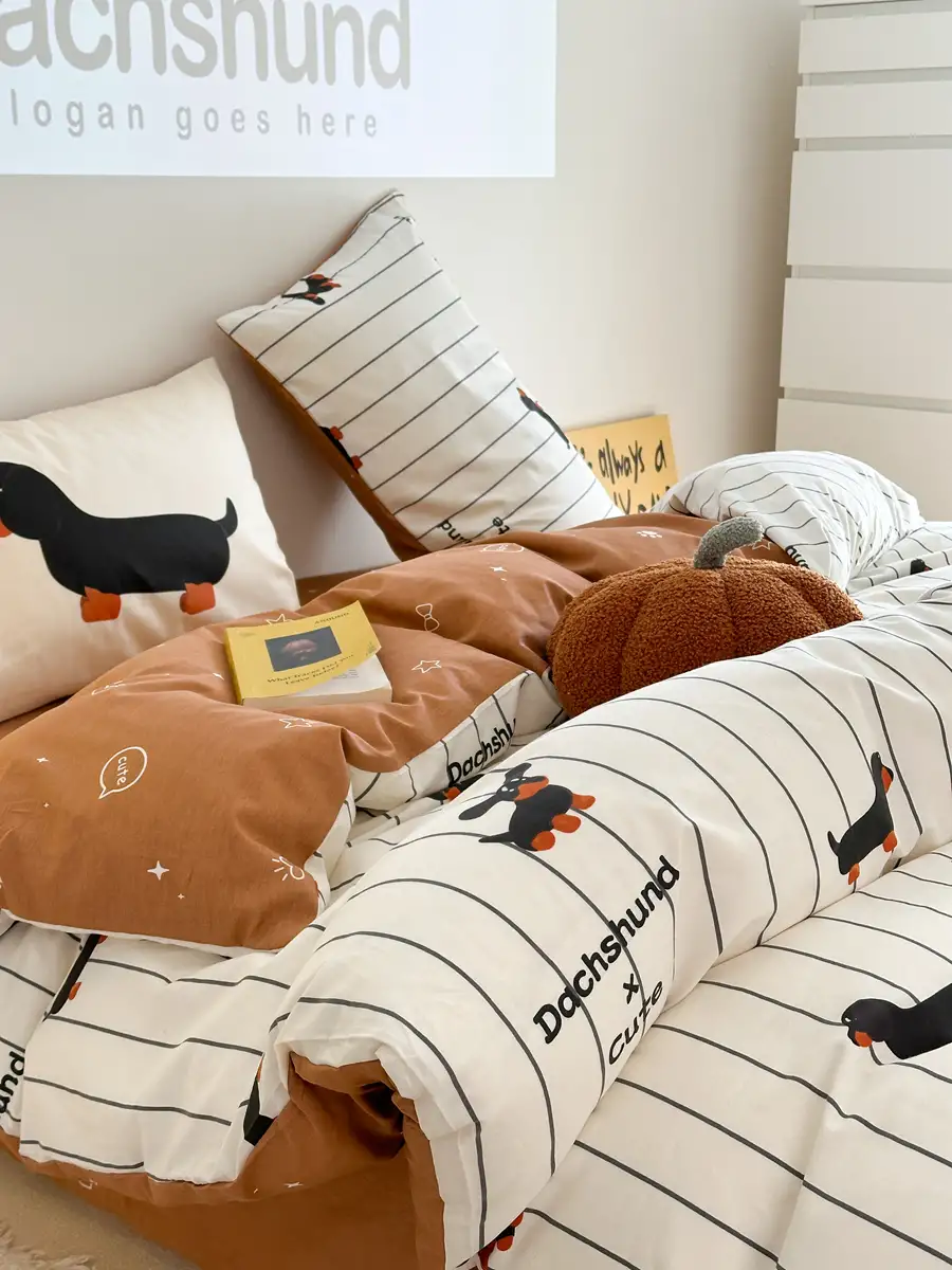 Cartoon Puppy Striped Four-piece Cotton Bedding Set