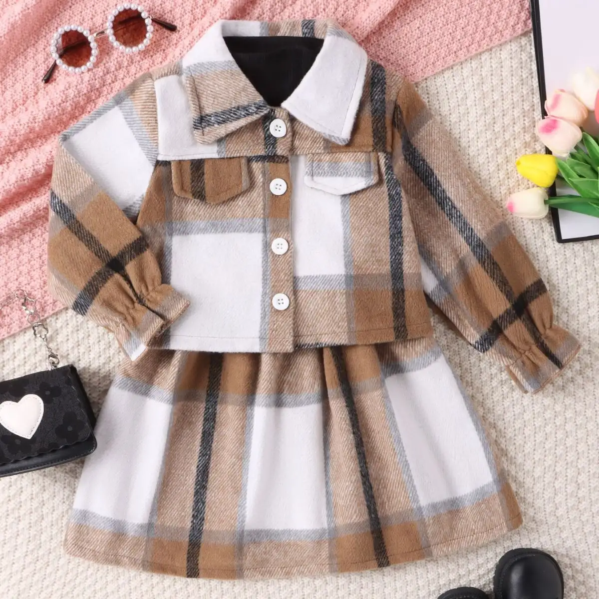 Turtleneck Plaid Dress Plaid Jacket Two-piece Set